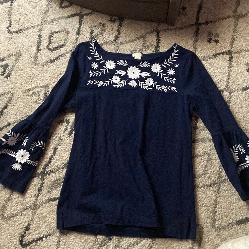 J Crew Navy Blue Embroidered Bell Sleeve Top